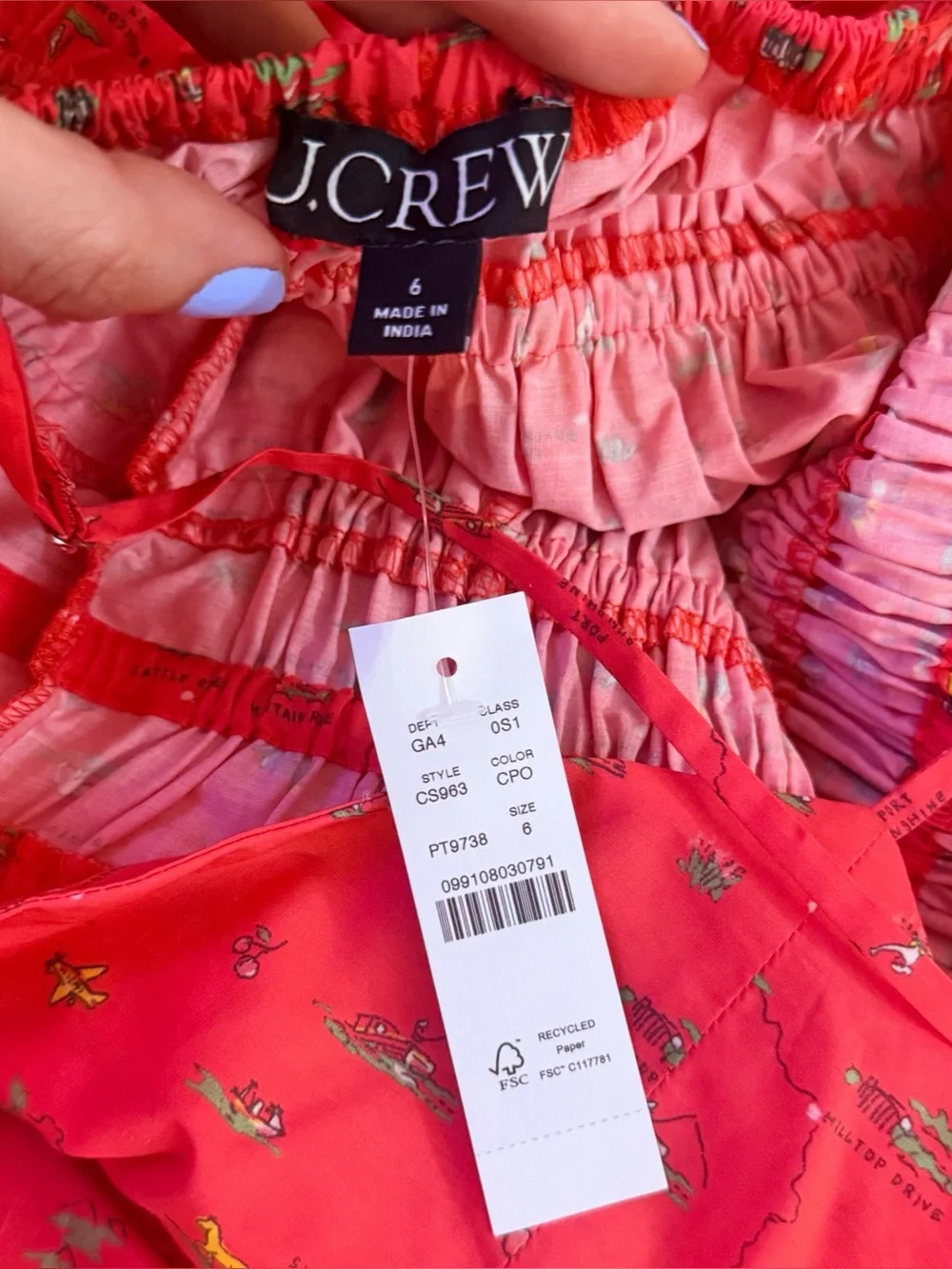 🆕 NWT J.Crew Smocked-waist V-neck dress in map print, California Poppy size 6